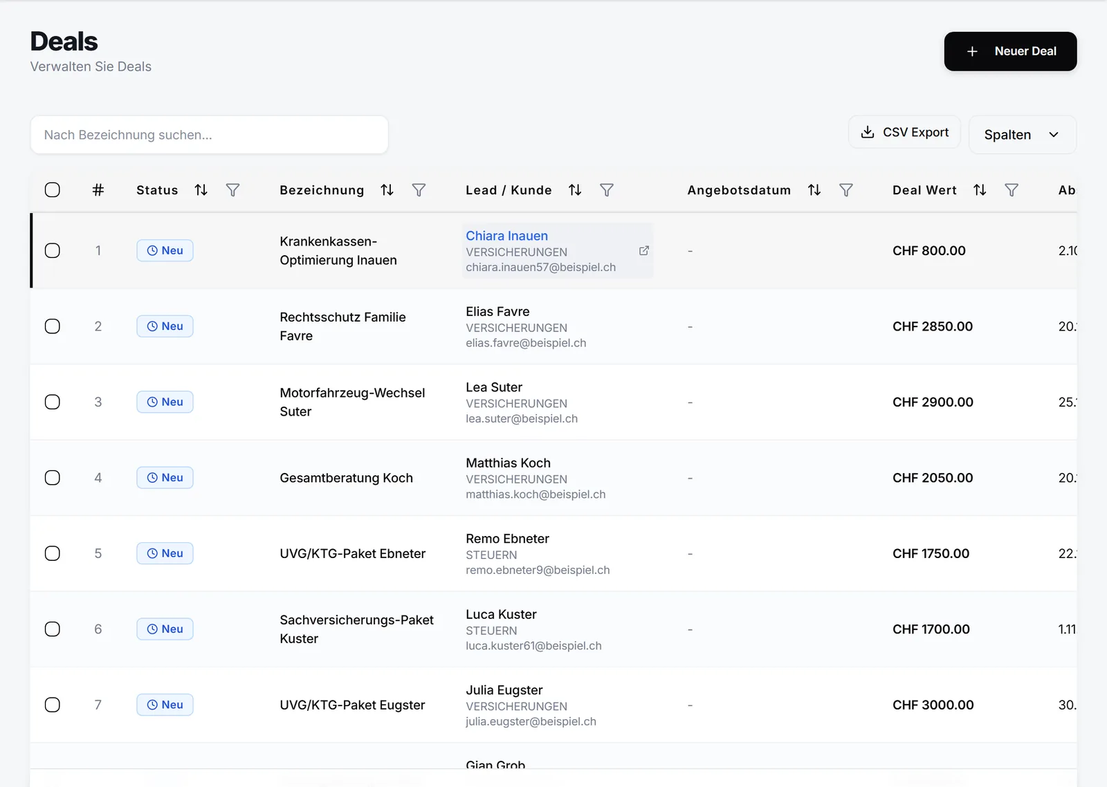 Deal-Pipeline in Brokernest mit Status, Bezeichnung und Deal-Wert