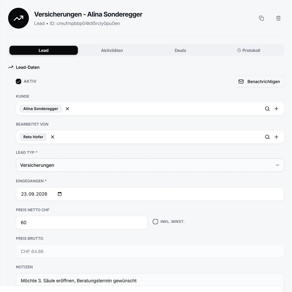Lead im Detail mit Kunde, Bearbeiter und Notizen