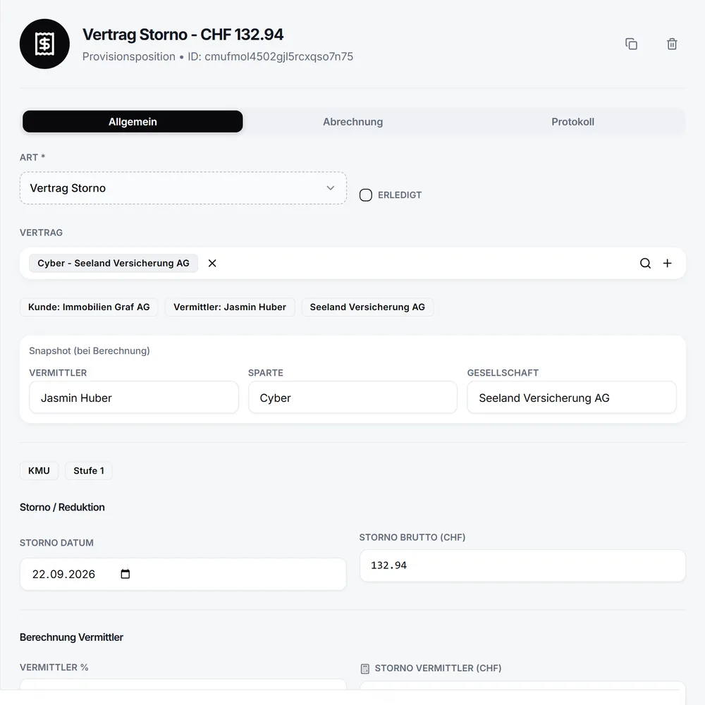 Storno-Position mit Snapshot von Vermittler, Sparte und Gesellschaft