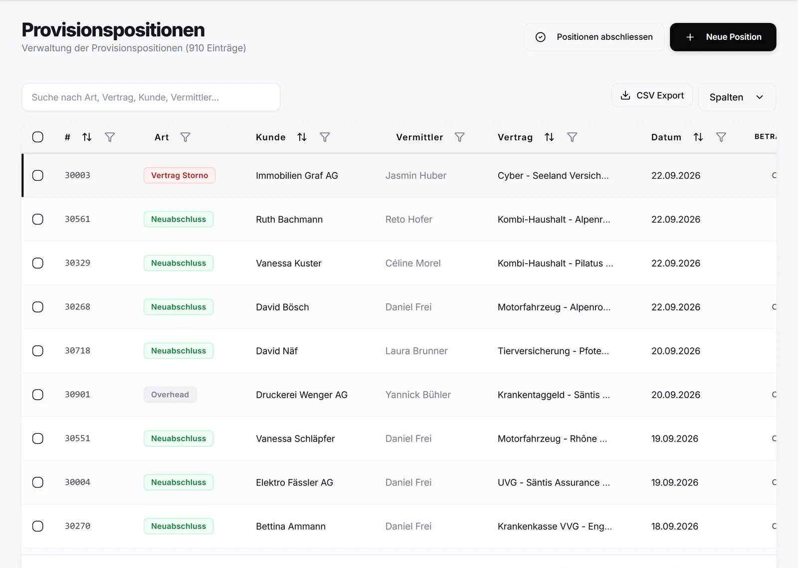 Provisionspositionen in Brokernest mit Kunde, Vermittler, Vertrag und Datum